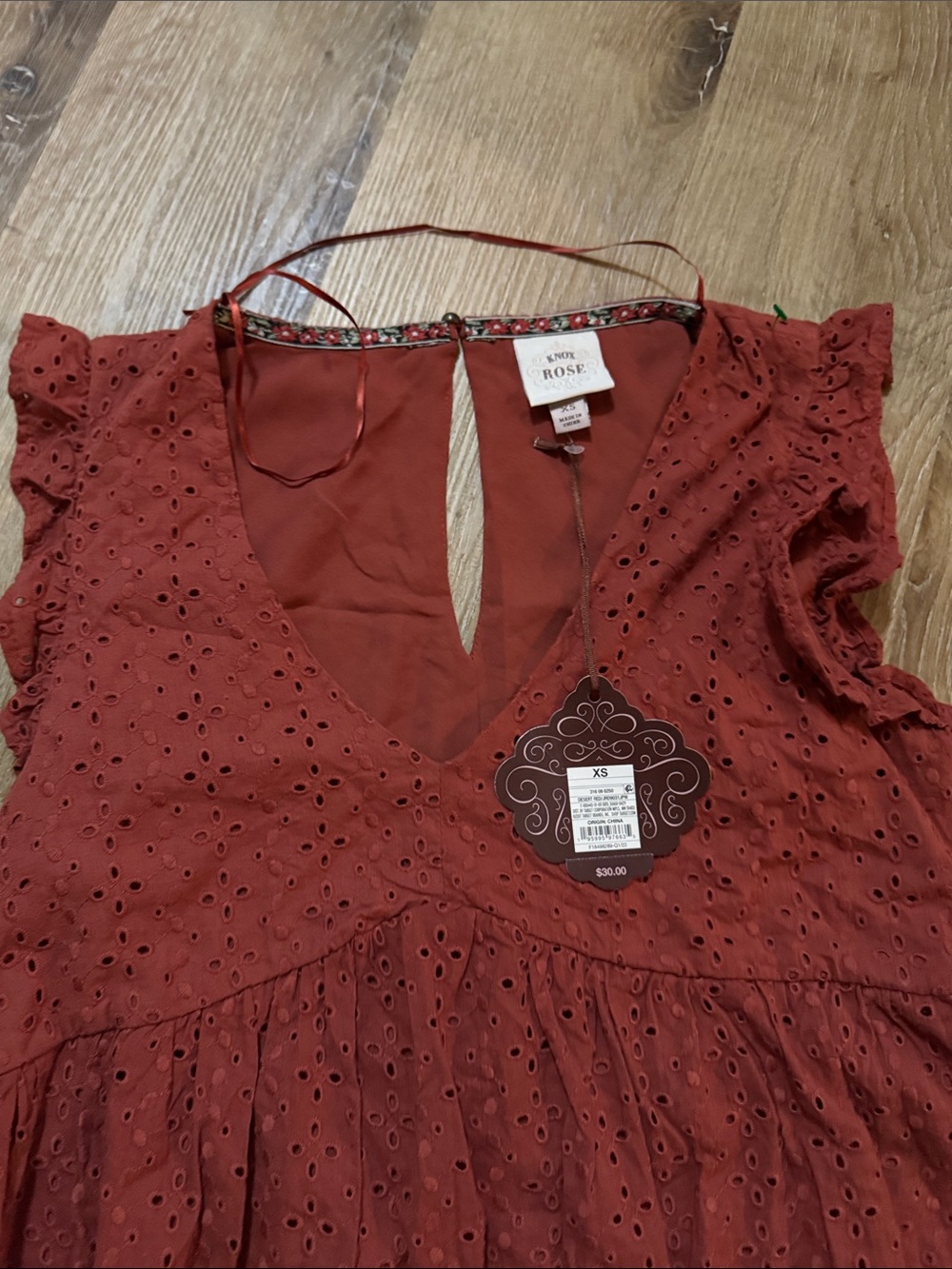 Knox Rose Eyelet V-Neck Dress - Rust Brown
